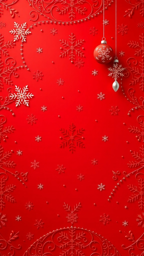 3D red Christmas background with snowflakes and ornaments, ideal for festive designs.